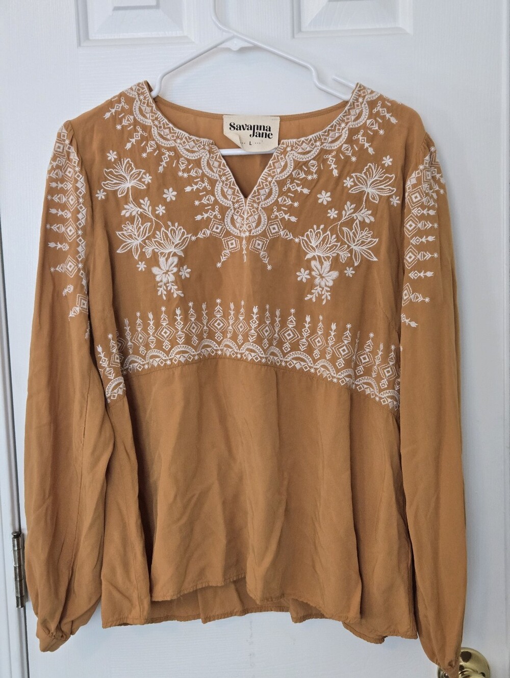 Savanna Jane Mustard Yellow Embroidered Floral Peasant Long Sleeve Blouse Size L